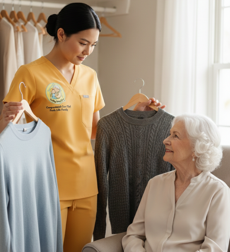 Home Care Professional offering choice of sweaters to an elderly woman, promoting dignity in dressing.